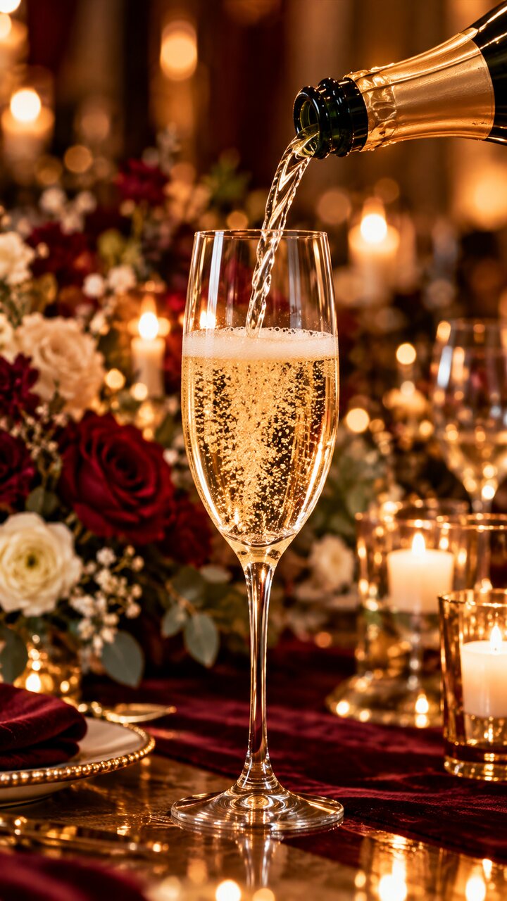 Sparkling wine poured into a flute in a burgundy and gold celebration setting